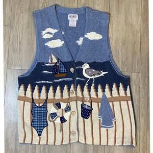 PBJ Sport Vintage Nautical Knit Sweater Vest Women's XL Blue Coastal Beach